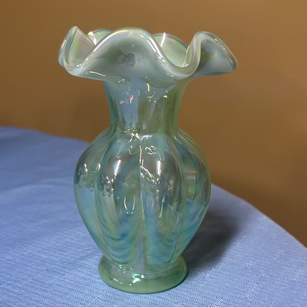 FENTON Green Melon VASE Opalescent Draped Iridescent Green Glass 5.5” tall